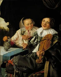 Radostná společnost Houslista a žena podávající mu sklenku vína, oba opilí. Obraz Judith Leyster (1609-1660)