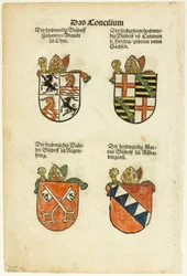Erby biskupů (recto a verso) z Das Concilium so zu Constantz, deska 26 z Dřevorytů z knih XVI. století