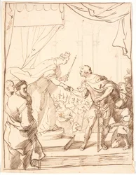 Anglická královna Alžběta předává v roce 1568 vévodovi Adolfu z Gottorpu Řád podvazku