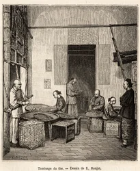 Třídění střelného prachu, třídění granulí proséváním podle jejich velikosti a kvality před posledním sušením, které jim dává jejich vůni, v továrně na střelný prach ve Fati Bay (provincie Kanton), rytina podle kresby J. Ferata illustratin