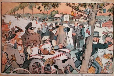 Karikatura M. Fourniera vyrážejícího na rallye Paříž-Berlín