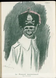Ilustrace Abel Faivre (1867-1945) ve „“Fantasio“, 01/05/15 – Vděčný husar – válka 14-18, Německo pruské – Vilém II., Žací/soudruh – Smrt, FacesRiantes