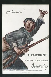 Poscard, Satirical in Colors: War 14-18, Půjčování, vlastenecké cesty -Ilustrace vojáků od Abel Faivre (1867-1945)