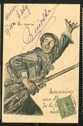 Pohlednice: Upisujte dluhopisy národní obrany - Válka 14 -18, válčící strany a symboly, půjčka, vlastenecké dny - Ilustrace od Abela Faivra (1867-1945)