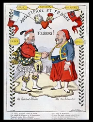 Srdečná dohoda mezi Francií a Velkou Británií: karikatury prezidenta Loubeta (1838-1929) a krále Eduarda VII. (1841-1910), ilustrace z časopisu „Le Rire“, 1903