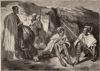 Kabylské kmeny v Alžírsku v roce 1857. Rytina podle kresby Julese Riga. Rytina v „Le Monde illustrious““ z roku 1857. Soukromá sbírka.