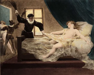 Muž zadržený při bičování mladé dívky přistižené v posteli na Den nevinnosti. Pantagruel. ilustrace Jules Garnier. V knize "Rabelais et l