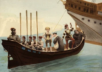Loď v přístavu ostrova Papimania. Zprava doleva: mnich, sokolník, advokát, vinař z Orleánsu. Pantagruel. ilustrace Jules Garnier. In "Rabelais et l
