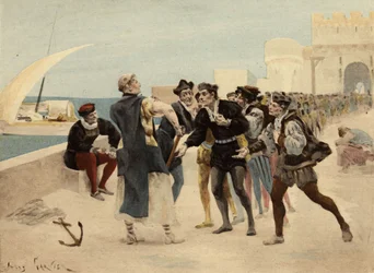 Bratr Jean, mnich ze Seuillského opatství, nabízí Chiquanům dvacet éček zlata za to, kdo se nechá zbít. Pantagruel. ilustrace Jules Garnier. In "Rabelais et l