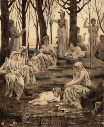 Amor (Cupido) spící mezi Múzami. Luk a šípy má u nohou. Venuše (Afrodita), jeho matka, nahoře uprostřed. Pantagruel. ilustrace Jules Garnier. V knize "Rabelais et l