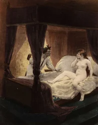 Velký Thibeault skrývá za zády palici. Jeho žena leží na posteli. Pantagruel. ilustrace Jules Garnier. In "Rabelais et l