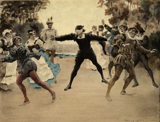 Muži a ženy hrající colin maillard. Gargantua. ilustrace Jules Garnier. In "Rabelais et l