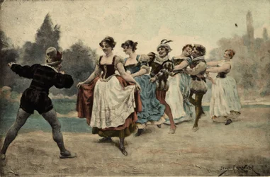 Muži a ženy hrají ocas u špalku (vlčí ocas). Gargantua. Ilustrace Julese Garniera. V 