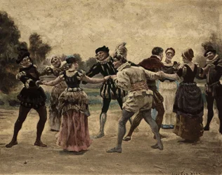 Muži a ženy hrající furon. Gargantua. ilustrace Jules Garnier. In "Rabelais et l