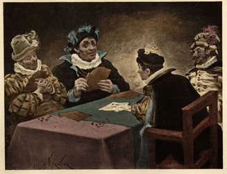 Muži hrají karty. Gargantua. Ilustrace Jules Garnier. In "Rabelais and the Works of Jules Garnier".