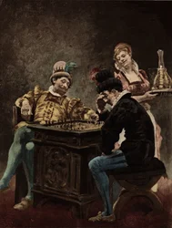 Muži hrající šachy. Gargantua. Ilustrace Jules Garnier. In "Rabelais and the Works of Jules Garnier".