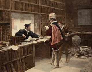 Pantagruel v knihkupectví Saint Victor v Paříži. Pantagruel. Ilustrace Jules Garnier. In "Rabelais et l