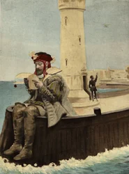Pantagruel čte dopis od svého otce Gargantua a sedí u majáku na ostrově Medamothi. Pantagruel. ilustrace Jules Garnier. "Rabelais et l