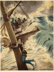 Panurge visí na rohoži lodi během mořské bouře. Pantagruel. ilustrace Jules Garnier. In "Rabelais et l