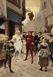 Paříž, Roustissoir (rožniště) v Peer Chatelet. Konflikt mezi zaměstnancem a mužem obviněným z nezaplacení jídla. Pantagruel. ilustrace Jules Garnier. In "Rabelais et l