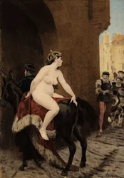 Manželka milánského císaře Federika (Fridricha) Barberossa, kterou Milánští vyhnali z města. Jezdí na mule Thacor. Pantagruel. ilustrace Jules Garnier. V knize "Rabelais et l