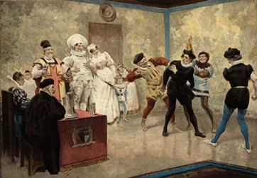 Dva muži bijí Chiquanous. Na scéně jsou přítomni: pekař Loyre a jeho žena ve svatebních šatech (uprostřed), pán z Basche a lékař Oudart. Pantagruel. ilustrace Jules Garnier. In "Rabelais et l