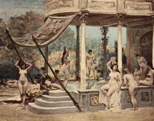 Koupající se ženy v opatství Theleme. Gargantua. ilustrace Jules Garnier. In "Rabelais et l