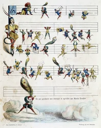Noty hudby na partituře, kresba Baric z roku 1862 k ilustraci Kroknotského dětské knihy vyprávějící příběh Martina Landora.