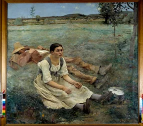 Seno. Žena sedící v trávě vedle muže spícího během období sklizně. 1877. Slunce. 1,80 x 1,95 m