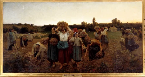 Svolávání sběraček klasů. Obraz Julese Bretona (1827-1906), 1859, 0,9 x 1,76 m, Paříž, Musée d