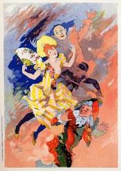 Umění. Zábava. Mimská show. Alegorie od Julese Chereta, Francie, kolem roku 1890 (plakát)