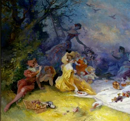 Snídaně na trávě Scéna venkovského pikniku. Detail. Obraz Julese Chereta (1836-1932) Nice, Musee Cheret 20. století