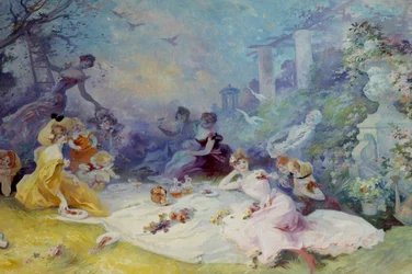 Snídaně na trávě Scéna venkovského pikniku. Obraz Julese Chereta (1836-1932) Nice, Musee Cheret 20. století