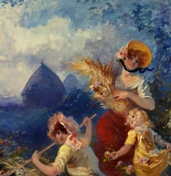 La Terre Allegorie představující mladé ženy držící pšeničné boty na pozadí sklizně. Detail. Karton na tapisérii od Julese Chereta (1836-1932) Nice, Musee Cheret 20. století