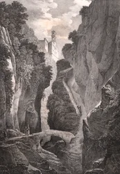 Údolí mlýnů v Sorrentu, Kampánie, Itálie, litografie Villeneuve podle kresby Julese Coigneta (1798-1860), 21,5x34,5 cm