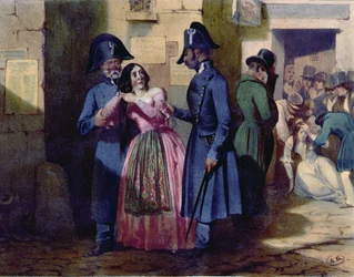 Zatčení prostitutky policií, kolem roku 1835