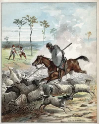 Don Quijote zabíjí ovce v domnění, že jsou rytíři - Don Quijote na svém koni propíchne ovci, kterou bere na rytíře - Ilustrace Julese Davida (1808-1892) z Histoire de Don Quijote (Don Quijote) - 1887 - od Miguela de Cervantes Saavedra (1547) -1616)