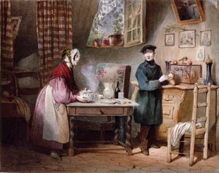 Ekonomika. Mladý pár v domě: žena usrkne na stůl a muž vloží minci do prasátka. Barevná rytina Julese Davida (19. století) Paris, Musee Carnavalet