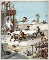 V hostinci Sancho Panza je manipulován, volá svého pána Dona Quijota, aby mu pomohl - V hotelu des gaillards vyrábí voltiger Sancho Panza s dekou, Sancho volá na pomoc svému pánovi Don Quijote - Ilustrace Julese Davida (1808-1892) z Histoir