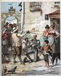Před hostincem se Don Quijote stává rytířem - Ilustrace Julese Davida (1808-1892) z Histoire de Don Quijote (Don Quijote) - 1887 - Miguel de Cervantes Saavedra (1547-1616) -