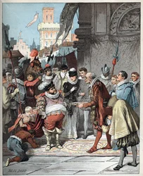 Sancho Panza jmenován guvernérem ostrova Barataria - Sancho Panza se stal trvalým guvernérem ostrova Barataria - Ilustrace Julese Davida (1808-1892) z Histoire de Don Quijote (Don Quijote) - 1887 - Miguel de Cervantes Saavedra (1547-1616) -