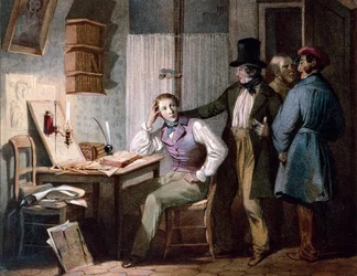 Studie. Pilný student ve své kanceláři zůstává v práci, zatímco jeho přátelé jdou ven. Barevná rytina Julese Davida (19. století). Paříž, Musee Carnavalet