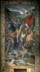 Attila (395-453) král Hunů a jeho armáda barbarů kráčející po Paříži v roce 450 Freska od Julese Elie Delaunaye (1828-1891) 19. stol. Paříž, Pantheon
