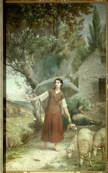Jana z Arku (1412-1431) ve věku 13 let hlídá otcovy ovce v Domrémy, svém rodném městě v Lotrinsku. Malba Julese Lenepveua (1819-1898), 19. století, Paříž, Panthéon