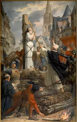 Jana z Arku (1412-1431) na hranici v Rouenu. Obraz Julese Lenepveua (1819-1898), 1889