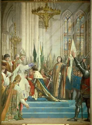 Král Karel VII. (1403-1461) přijal korunu v katedrále v Remeši dne 17/07/1429 za přítomnosti Johanky z Arku (1412-1431). Panthéon, Paříž.