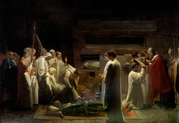 Mučedníci v katakombách - křesťanské náboženské shromáždění při pohřbu prvních křesťanů v Římě. Obraz Julese Lenepveua (1819-1898), 1855. Slunce. 1,7 x 3,36 m. Paříž, Musée d
