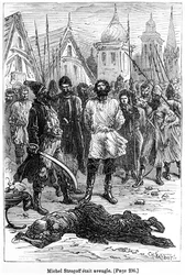 Michael Strogoff byl slepý, ilustrace z „Michel Strogoff“ od Julese Verna (1828-1905) vyryla Charles Barbant († 1922) Paris, Hetzel