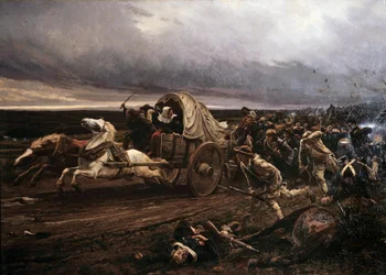Po deroute Choletského povstání ozbrojeného ve Vendee v březnu 1793, pokáráni v říjnu Konventem a republikánskými armádami, „Bílí“ ustoupili směrem k Loiře. Obraz Julese Girardeta (1856-1938)
