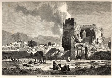 Předměstí Teheránu (dnešní Írán). Kresba Julese Laurense (1825-1901) k ilustraci cesty Arthura Gobineaua do Persie v letech 1855 až 1858. Rytina v „“ Le tour du monde, nouveau journal des voyages““ Paris